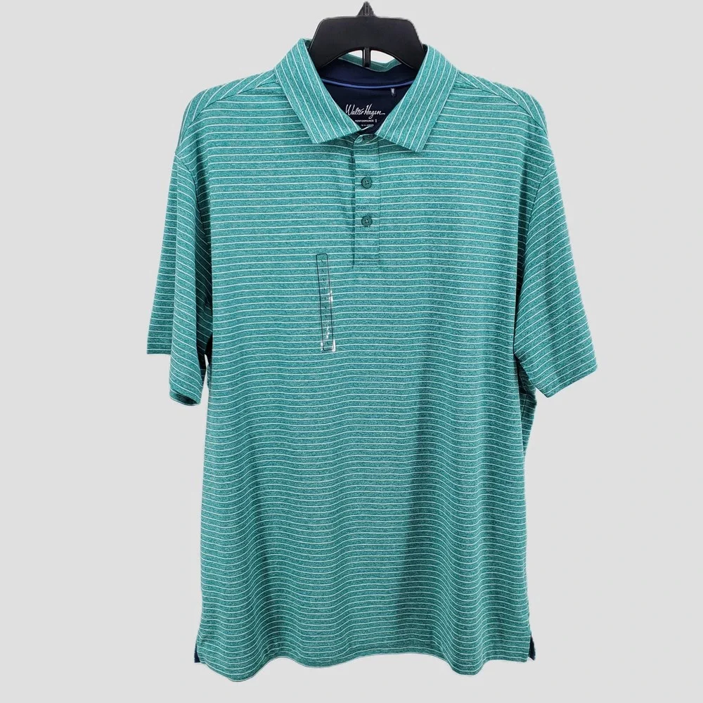 Walter Hagen Mens Large Classic Stripe Polo Shirt Performance 11 Teal White Golf
